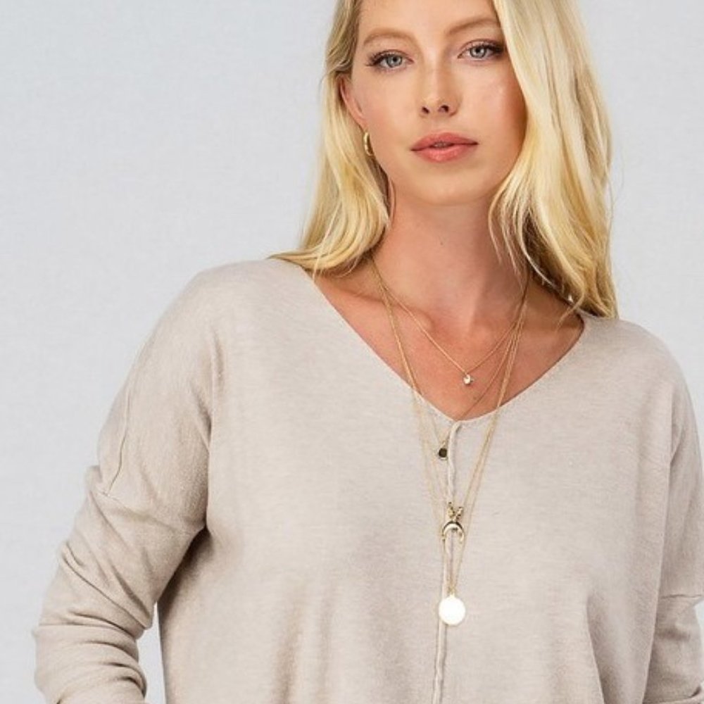 Hi-Lo V Neck Front Seam Oatmeal Sweater